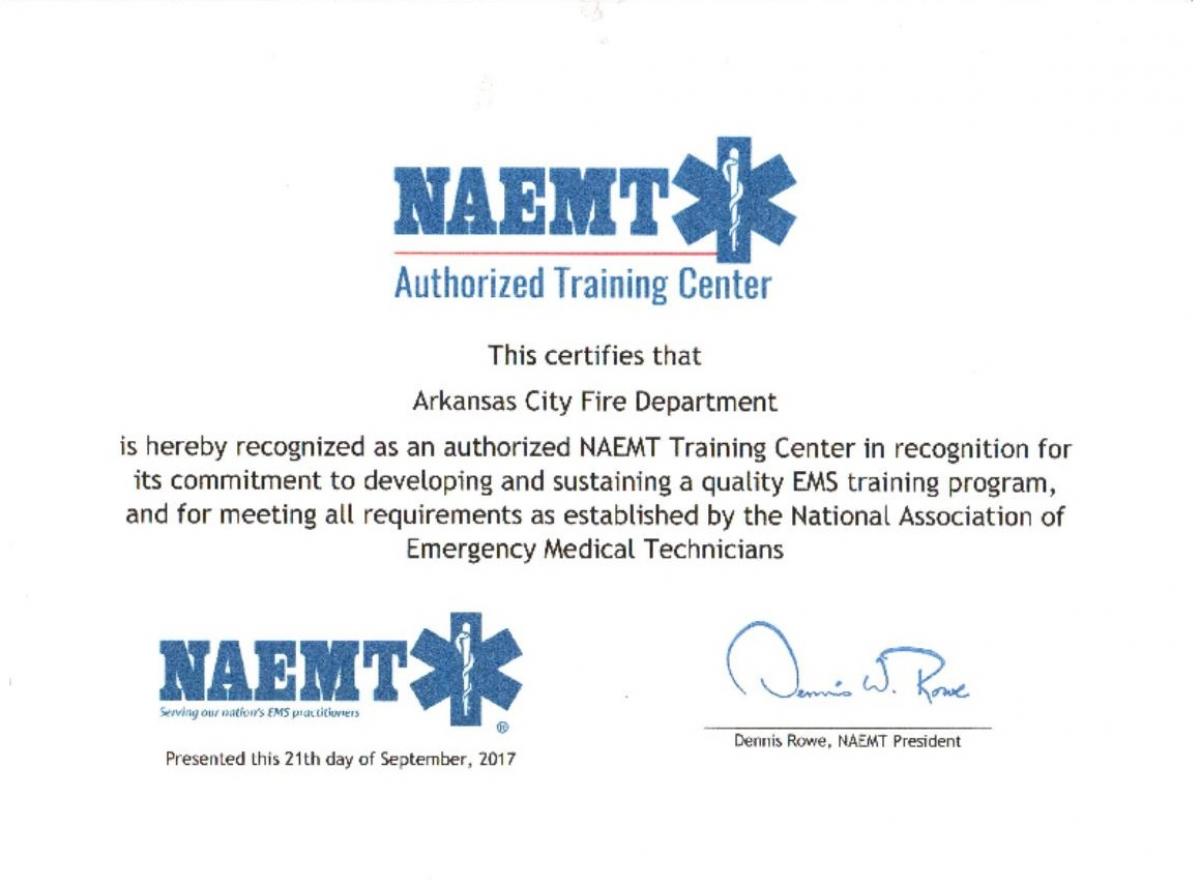 NAEMT Certification for Arkansas City Fire Dept. Training Center authorization, 9/21/17